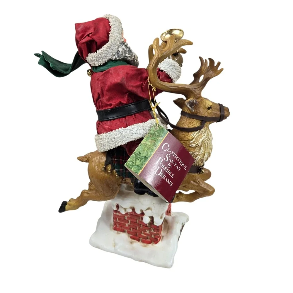 VTG 1992 Possible Dreams Clothtique Santa Riding Reindeer Over Chimney Tags MINT